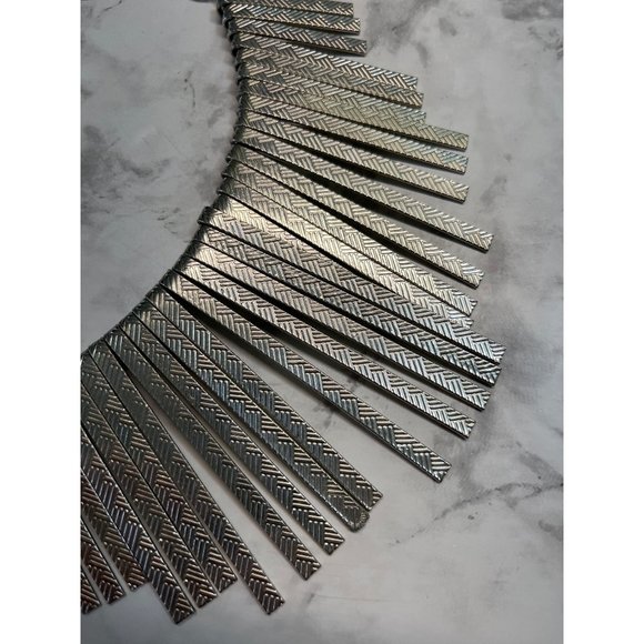 Vintage Bib Necklace Silver Tone Statement Spike Dangle Boho Tribal Textured 14" - Picture 3 of 6